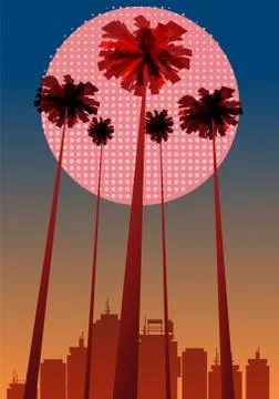 Summer beatiful sunset backgrounds with palms trees cityscape, sky horison dots Stock Illustration