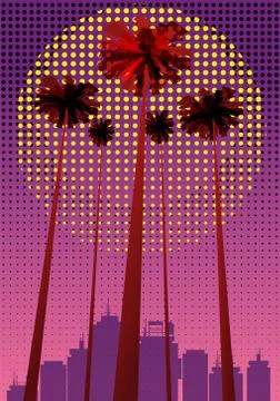 Summer beatiful sunset backgrounds with palms trees cityscape, sky horison dots Stock Illustration