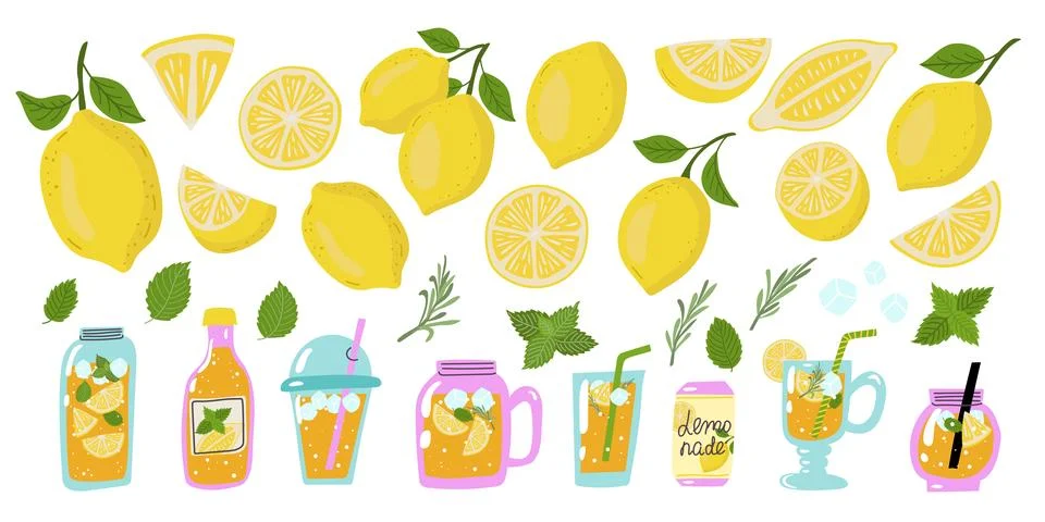 Summer big set with lemons,lemonade, mint, rosemary and ice cube. Lemonade in Illustrazione stock