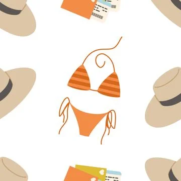 Summer Bikini Travel Pattern with Beach Hats and Tickets Vector Stock Illustration