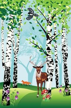 Summer birch trees and animals Stock Illustration