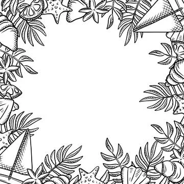Summer black and white hand-drawn frames for travel, menus, restaurants, an.. Stockillustratie