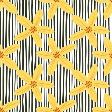 Summer bloom seamless pattern with yellow flowers shapes print. Striped black Stock Illustration