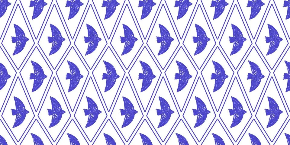 Summer blue bird seamless pattern with dove silhouettes in geometric diamond 스톡 일러스트