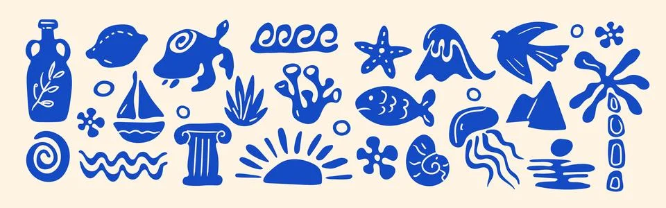 Summer blue boho element set. Hand drawn sea, palm tree, seashells, sun, fl.. Illustrazione stock