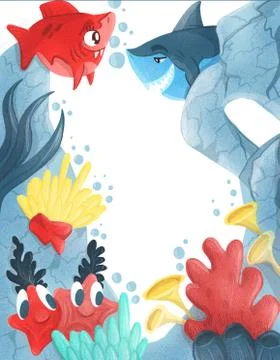 Summer Blue lagoon. frame with exotic fish and corals . Stock Illustration