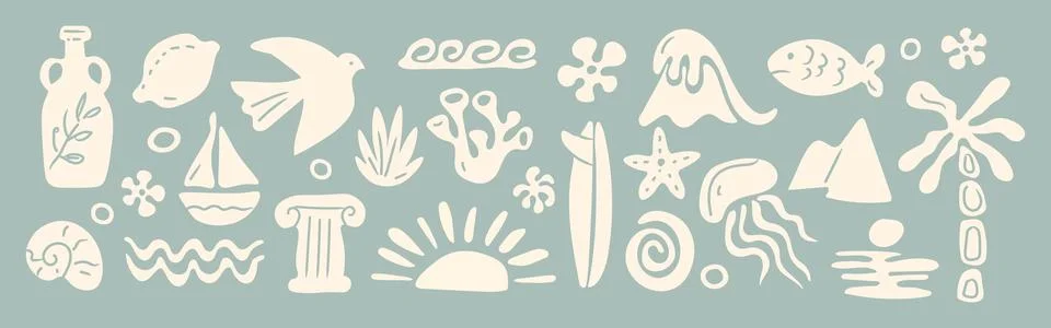 Summer boho element set. Hand drawn sea, palm tree, seashells, sun, flowers.. Illustrazione stock
