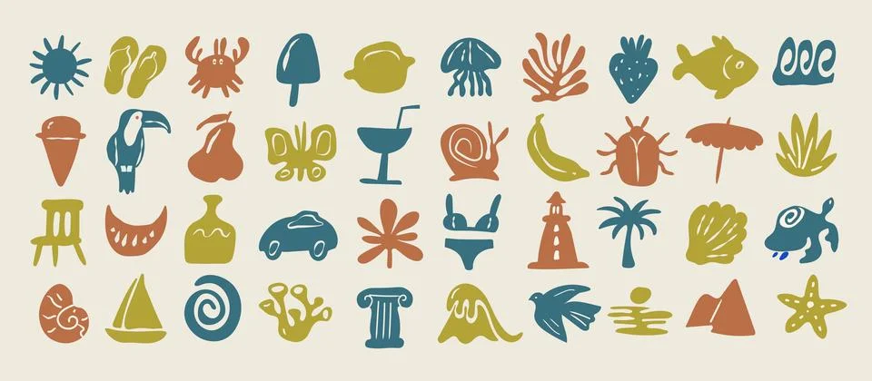 Summer boho element set. Hand drawn sea, palm tree, seashells, sun, flowers.. Stock Illustration