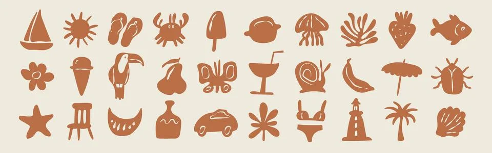 Summer boho element set. Retro 70s-inspired abstract summer icons. Hand dra.. Stock Illustration