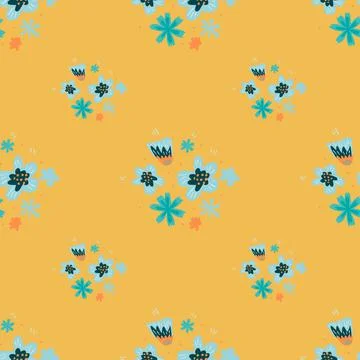 Summer botanic seamless pattern with doodle blue flowers ornament. Yellow bac 스톡 일러스트