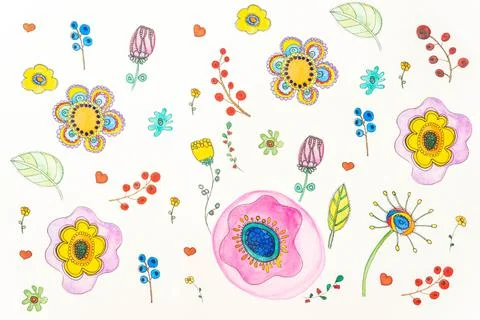 Summer botanical hand drawn pattern. Floral composition of cute flowers Stock Illustration