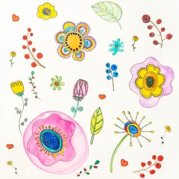Summer botanical hand drawn pattern. Floral composition of cute flowers Stock Illustration