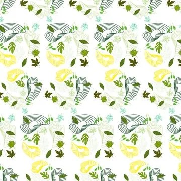 Summer botanical seamless pattern with green leaves and yellow line art Ilustración de archivo