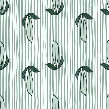 Summer botany seamless pattern with outline leaf silhouettes. Striped backgro Stock Illustration