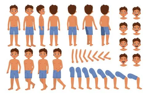 Summer boy constructor. Man in blue trunks. Pack of heads, legs and hands for Stock Illustration
