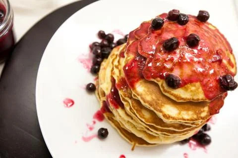 Summer breakfast, homemade classic american pancakes with fresh berry and blu Stock Photos
