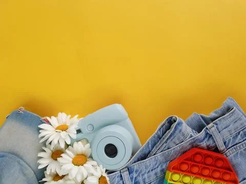 Summer bright flatlay on a yellow background Stock Photos