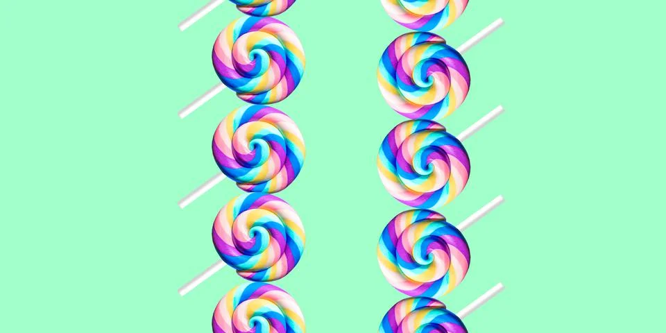 Summer bright mint background with rainbow lollipops Stock Photos