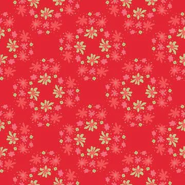 Summer bright seamless pattern with abstact flower elements. Red background. Stock Illustration