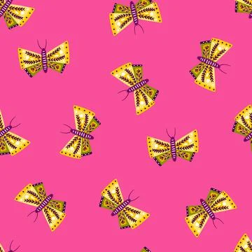 Summer bright seamless pattern with bright colors yellow folk butterfly shape Stock Illustration