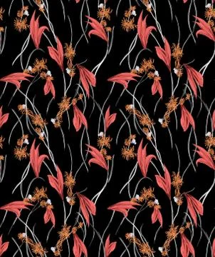Summer bright seamless pattern of exotic flowers and leaves. Modern style design Stock Illustration