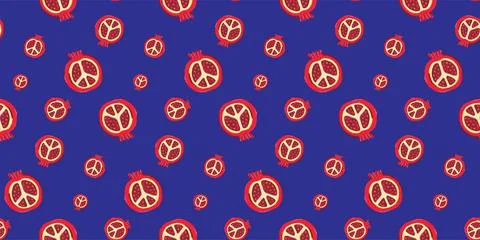 Summer bright seamless pattern with red pomegranates on a blue background. Illustrazione stock