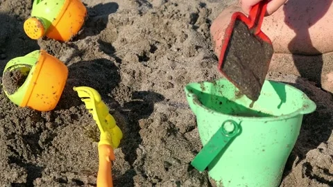 Summer Building Tools on beach. play with water and sand Stock Footage 156854848