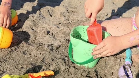 Summer Building Tools on beach. play with water and sand Stock Footage 156854920