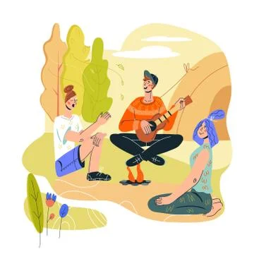 Summer camp bonfire with vector people tourists. Stock Illustration