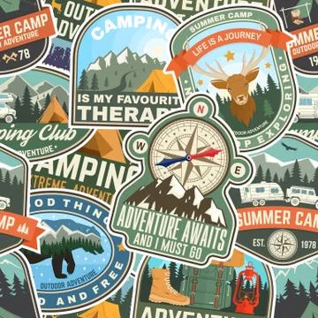 Summer camp colorful seamless pattern with rv trailer, camping tent, campfire Stock Illustration