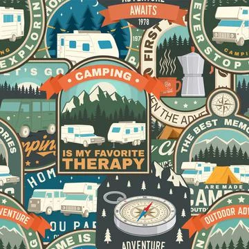 Summer camp colorful seamless pattern with rv trailer, camping tent, campfire Stock Illustration