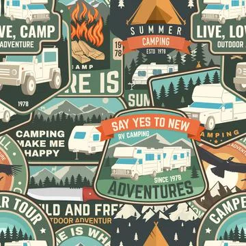 Summer camp colorful seamless pattern with rv trailer, camping tent, campfire Stock Illustration