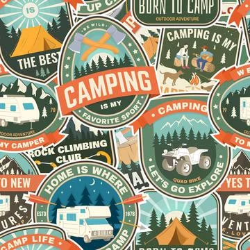 Summer camp colorful seamless pattern with rv trailer, camping tent, campfire Stock Illustration