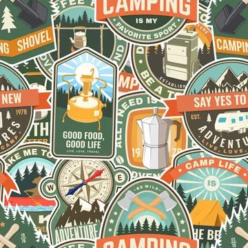 Summer camp colorful seamless pattern with travel inspirational quotes. Vector Stock Illustration