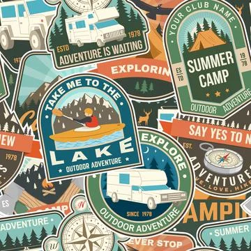 Summer camp colorful seamless pattern with travel inspirational quotes. Vector Stock Illustration