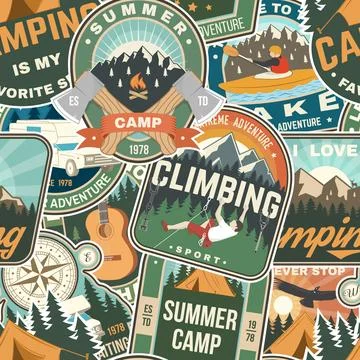 Summer camp colorful seamless pattern with travel inspirational quotes. Vector Stock Illustration
