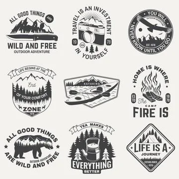 Summer camp with design elements. Vector. Camping and outdoor adventure emblems Stock Illustration