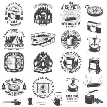 Summer camp with design elements. Vector illustration. Camping and outdoor Stock Illustration