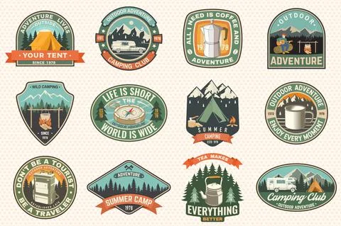 Summer camp with design elements. Vector illustration. Camping and outdoor Stock Illustration