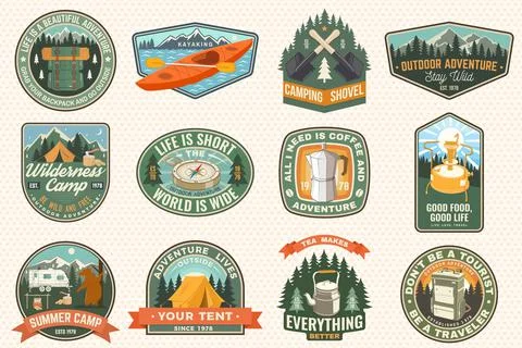 Summer camp with design elements. Vector illustration. Camping and outdoor 스톡 일러스트