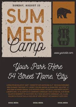 Summer camp flyer A4 format. Camping Adventure poster graphic design with bear Stock Illustration