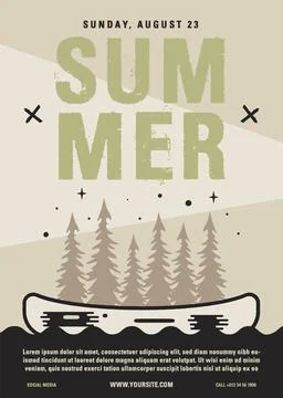 Summer camp flyer A4 format. Canoe Adventure poster graphic design with forest Stock Illustration