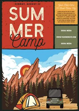Summer camp flyer A4 format. Camping Adventure poster graphic design with Stock Illustration