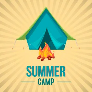 Summer camp in forest banner vector illustration. Vacation and tourism concept Stock Illustration