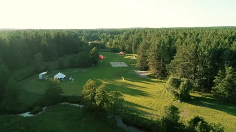 Summer camp in the forest recreation and entertainment aerial photography Stockbeeldmateriaal 134490232