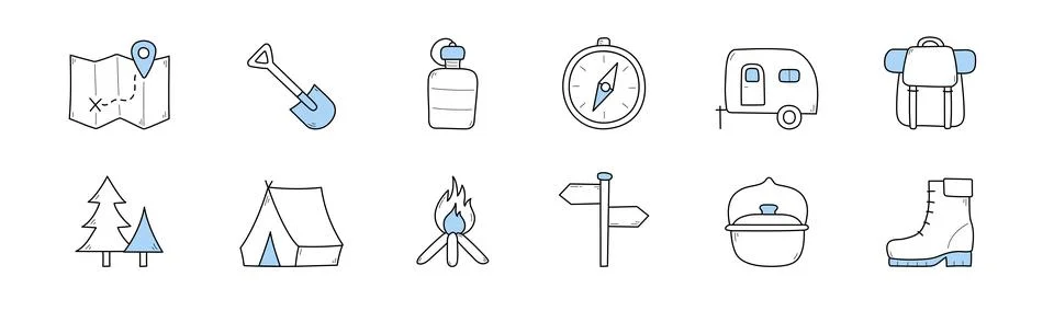Summer camp icons with tent, backpack, map, fire Stock Illustration