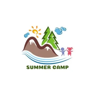Summer camp logo. Funny cartoon logo template. Stock Illustration