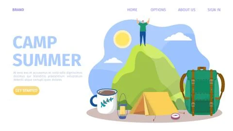 Summer camp at mountain, vector illustration. Man in adventure, travel tourism Stock Illustration