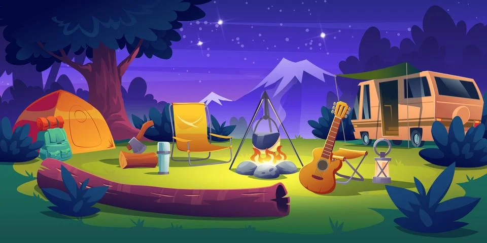 Summer camp at night time. Rv caravan at campfire Stock Illustration