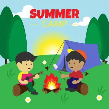 Summer camp. One boy is playing guitar and the other is roasting marshmellow. Stock Illustration